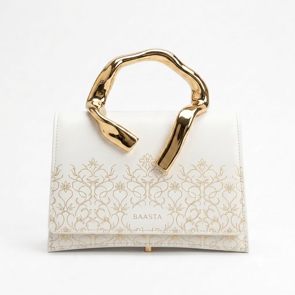 Elegant White Clutch with Golden Handle
